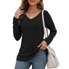 ZPLxi Women's V Neck Lightweight Sweaters Long Sleeve Solid Color Striped Jumper Shirts 2025 Casual Tunic Tops for Leggings (AU, Alpha, X-Large, Regular, Regular, Black)