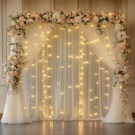 Fomcet Champagne Backdrop Curtains with Lights String 10X10FT Polyester Fabric & Tulle Curtains Backdrop Drapes for Back Drop Photoshoot Baby Shower Birthday Party Decor 2 Panels 5x10FT