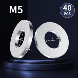 Washers M5 Stainless Steel Washers 40 Pieces M5 x 10 mm Large Flat Body Washers High Quality A2 V2A DIN125 Washers Set Metal Washers for Screws, Nuts, Threaded Rod