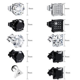 10 Pairs of Men's Stainless Steel Earrings, 8 mm Earrings, Black Men's Diamond Earrings for Men, Stud Earrings for Men and Women, Metal