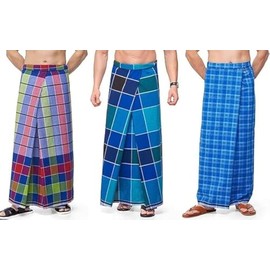 Dhoti/Sarong Coverups/Wrap For Men | 100% Cotton Indian Traditional Lungi Checked Design Dress | Long Sarong Cover Ups For The Beach | 3 Handloom Piece Combo Pack Comfortable (Color May Vary)