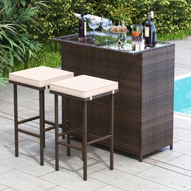 Tangkula 3 Piece Patio Bar Set, Outdoor Rattan Bar Table and 2 Stools with Tempered Glass Tabletop, 2-Tier Storage, Removable Cushions, Outside Wicker Conversation Set