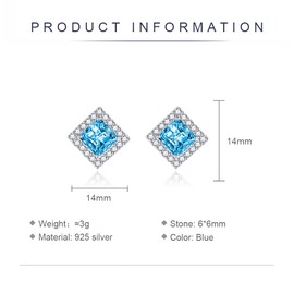 Shuxin Sterling Silver Stud Earrings for Women, Silver Square Cubic Zirconia Stud Earrings, Big Blue Faux Crystal Diamond Gemstone Studs Earrings, Bridal Earrings for Brides Bridesmaids Wedding