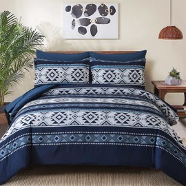 Anibedding Navy Blue Comforter Set Queen Size,7 Pieces Boho Bed in a Bag Aztec Western Bedding Set, Soft Microfiber Bed Comforter Set for All Season