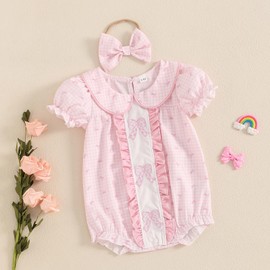 BemeyourBBs Baby Girl Bubble Romper Short Sleeve Peter Pan Collar Jumpsuit with Bow Headband Newborn Infant Summer Clothes (Bow Plaid Pink, 12-18 Months)