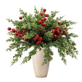 DOXISHRUKY 45pcs Christmas Artificial Pine Branches with Red Berry Stems - 10.5 Inch Faux Evergreen Cedar Sprigs Branches - Christmas Greenery Stems Decoration