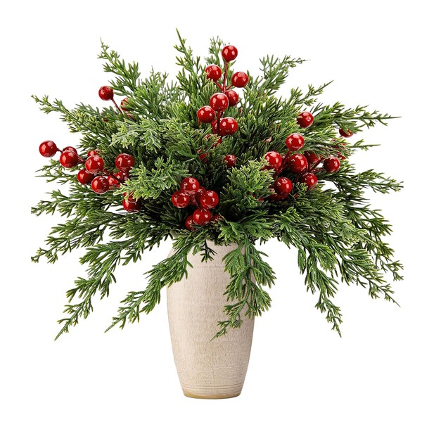 DOXISHRUKY 45pcs Christmas Artificial Pine Branches with Red Berry Stems