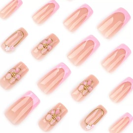 Medium Press on Nails Square Fake Nails Pink French Tip False Nails with 3D Gold Flower Line Design Glue on Nails Glossy Full Cover Stick on Nails Elegant Acrylic Nails for Women Manicure 24Pcs