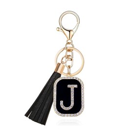 OKAICEN Fashion Cubic Zirconia Crystal Alphabet Initial Letter Keychain Black Tassel Pendant Key Ring for Purse Handbags Women Girl ('J')