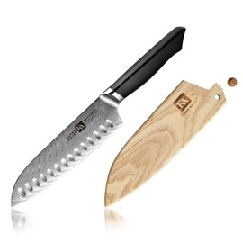 Klaus Meyer Helix Damascus Steel 7 inch Santoku Japanese Chef Knife with Wood Sheath