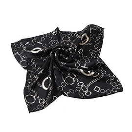 Elegant Silk Feel Plaid with Chains Design Satin Square Scarf, Black Chains
