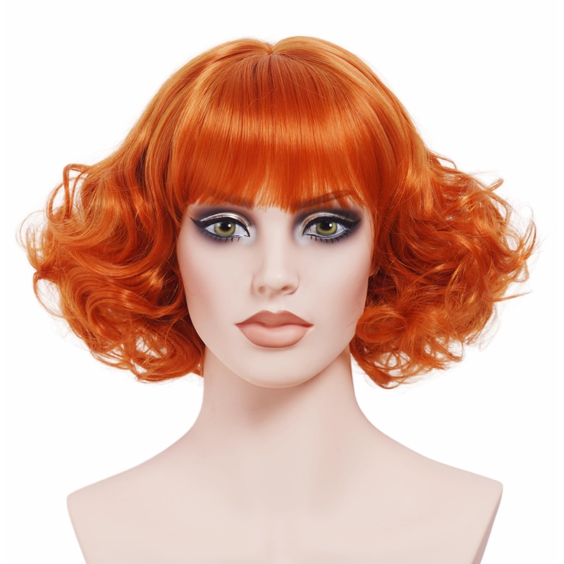 Rugelyss Short Curly Wavy Auburn Copper Red Wig with Bangs