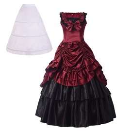 BPURB Womens Victorian Costume Renaissance Gothic Gown Ball Gown with Petticoat (M, Red/Black)