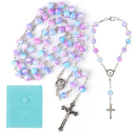 YnewL Pack of 2 Purple Blue Rosary Catholic, Rosary Bracelets and Necklace Foundation Gifts Girls, Faux Pearl Rosary Chain with Velvet Gift Bag, Christening Communion Wedding/Party