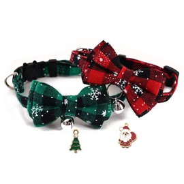MEMOVAN 2 Pack Christmas Cat Collar Breakaway with Bowtie Bell, Christmas Holiday Kitty Kitten Collar Red Green Plaid Pattern Xmas Kitten Collar with Removable Bowtie Cat Bow tie Collar