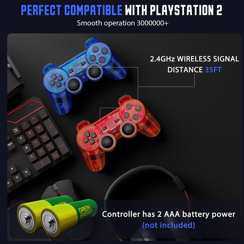 GamingBoy Wireless Controller for PS2, 2 Pack 2.4G Dual Vibration