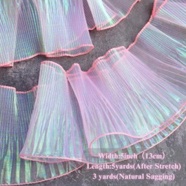 Cinta de tela iridiscente plisada con volantes y ribete de gasa iridiscente de organza, ribete de encaje transparente con volantes para vestir, manualidades, costura (rosa iridiscente)