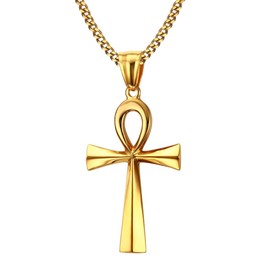 HUANIAN Men's Stainless Steel Coptic Anka Cross Religious Pendant Necklace, 24" Curb Chain,Gold