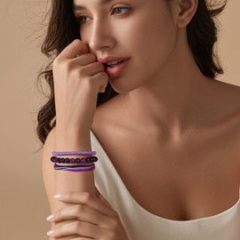 GolbalJew Healing Crystal Beaded Bracelets for Women Men, 6mm Amethyst Stone Beads Bracelets Set with 2PCS Adjustable Purple Rope Bracelets