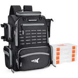 KastKing Bait Boss Fishing Tackle Backpack with Rod Holders-4 Tackle Boxes-Rain Cover,43L Large Storage for Fishing Gear, Black