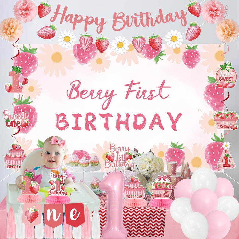Holkcog 1 year old Strawberry Birthday decoration set