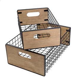 [ Extra Large ] TIEYIPIN Nesting Countertop Baskets, Metal Wire Storage Basket with Wooden Handles, Storage Organizer Bin for Kitchen Cabinets, Bathroom, Pantry, Garage, Laundry Room, Set of 2