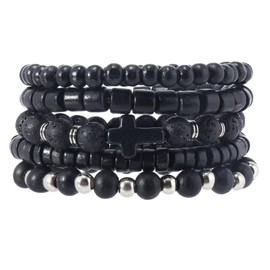 MILAKOO Wooden Beads Bracelets for Men with Hematite Stone Cross Black Beaded Stretchable Bangles