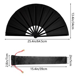 Lystaii 2pcs Handheld Folding Hand Fans for Women Men, 13 Inches Large Rave Fan for Line Dance Chinese Kung Fu Tai Chi Nylon Cloth Fan with Sleeve for Party Performance Festival (Black)