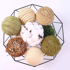 CIR OASES Multi-material tri-colour decorative ball 9 balls, natural rattan weaving ball, cotton ball, used for vase bowl filling, table decoration (natural)