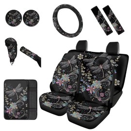 Renewold 12pcs Dragonfly Flower Car Seat Covers Set Front Back, Auto Steering Wheel, Center Console, Seat Belt, Gear Shift Knob, Handbrake Covers, Coasters - Automobile Interior Sets