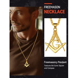 FaithHeart Masonic Necklace for Men, Customize Available Freemason Compass Symbol 14K Gold Plated Free and Accepted Masons Pendant Jewelry with Gift Packaging-Gold