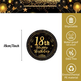 POPOYU 16pcs Black and Gold Paper Plates 18th, Happy Birthday Disposable Tableware Paper Plates 7 Inch,Happy 18th Birthday Decorations Plates for Men,Women,Him,Her 18th Birthday Gifts Party Supplies