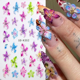 2 Sheets 5D Embossed Flower Nail Art Stickers for Acrylic Nails Self-Adhesive Summer Lily Flowers Nail Decals Colorful Hawaiian Floral Nail Stickers for Women DIY Nails Decoration Supplies