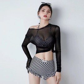 International Summer Selfie New Arrival: Hanuoka Plaid Triangle Bikini with Separate Black Blouse (Fresh & Chic Style) Hanil 244 XL [Recommended 105-120 Geun]/Black 2ea