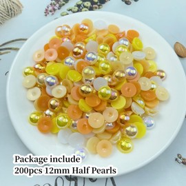 Xinhongo 200pcs 12mm Half Pearls for Crafts Flatback Half Round Pearl Beads Pearls Gems for DIY Nail Art Shoe Clothes Cups Bottles Tumblers (Yellow AB Mixed)