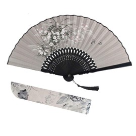 Nydotd HandHeld Bamboo Folding Fan for Women, Vintage Chinese Japanese Style Grassflowers Foldable fan with Silk Sleeve Charming for Dance Retro Ladys Girls Birthday Gifts Home Decor (Grey)