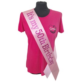 50th Birthday Sash - Its my 50th Birthday Sash - Beautiful Quality Light Pink Ribbon and Holographic Fuchsia Pink Font