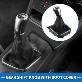 A ABSOPRO 6 Speed Manual Gear Shifter Knob with Cover for Volkswagen Eos After 2006 Faux Leather Gearbox Stick Shifter Lever Knob Black with White Stitches
