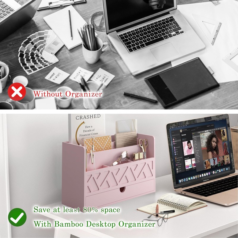Wisuce Bamboo Mail Organizer Countertop Desktop with Drawer - All-in-One