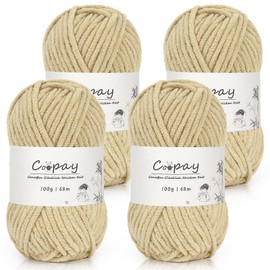 Coopay Chenille Chunky Wool for Crochet, Thick Yarn, 4 x 100 g Thick Wool for Knitting, Super Fluffy Soft Wool for Baby Blanket, Chunky Chenille Yarn for Blankets, Scarves, Socks, Bags - Khaki