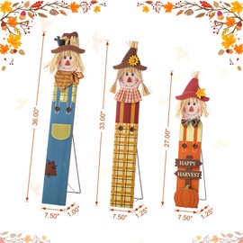 Glitzhome Wooden Fall Scarecrow Family Porch Decor Set of 3, Handcrafted Solid Wood Display Signs for Front Door 36"H, Two Function Yard Sign with Ropes for Hanging or Standing, Autumn Outdoor Décor