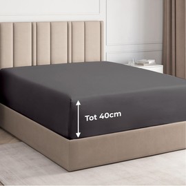 Double Fitted Bed Sheet - Luxury Deep Pocket Single Fitted Sheet - Fits Mattress Up to 40cm 16" - 135cm x 190cm x 40cm 16" - Soft & Wrinkle Free - Extra Deep Pockets - Fitted Sheet Only (Dark Grey)