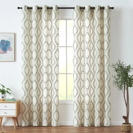 jinchan Boho Linen Blend Curtains Beige Farmhouse Curtains 84 Inches Long Green Embroidered Leaf Living Room Ogee Geometry Drapes Light Filtering Grommet Country Drapes 2 Panels Green on Flax