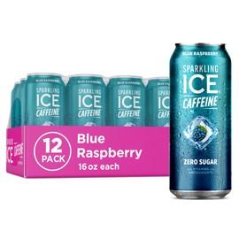Sparkling Ice Caffeine Blue Raspberry Sparkling Water with Caffeine, Zero Sugar, with Antioxidants and Vitamins,16 fl oz Cans (Pack Of 12)