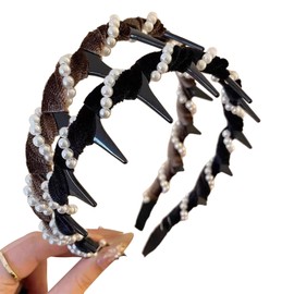 Askbp Vintage High Cranium Artificial Pearl Hairband, Yamloveme High Cranium Headband, Elegant Bling Bridal Hair Hoop with Non-Slip Teeth, Volumizing Hair Accessories (Pearl 2pcs, set)