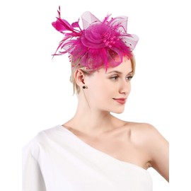 Fascinator Hat for Women Tea Party Wedding.Church Derby Headband, 1920s Fascinator Hat with Clip-Hot Pink-01
