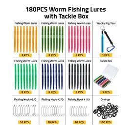 CVLIFE Wacky Worm Kit 180PCS Wacky Rig Kit for Bass Fishing with 48 Soft Plastic Fishing Lures 30 Wacky Worm Hooks 100 O-Rings and Wacky Rig Tool