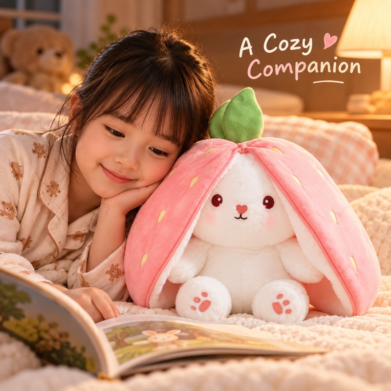Kawaii Transforming Fruit Bunny Plush Toy, Strawberry and Carrot Rabbit