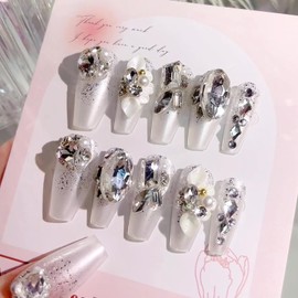 SINHOT Luxury Press on Nails - Long Coffin Fake Nails 3D Handmade Flowers Reusable False Nails with Rhinestone Designs,DIY Artificial Nail Art, 24pcs