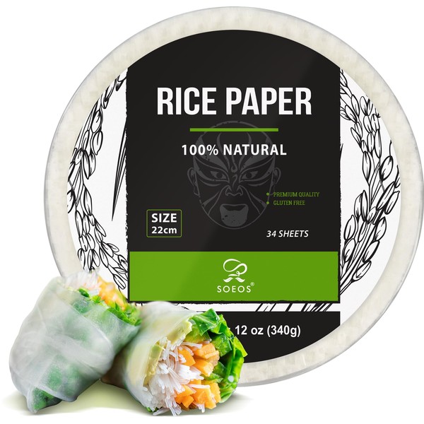 Soeos Rice Paper, White Rice Paper Wrappers, 1 Pack, 34 Sheets-Fresh Spring Roll Wrappers & Dumplings, Non-GMO, Gluten-Free, Low Carb, Vietnamese Rice Wraps (Round, 22cm)